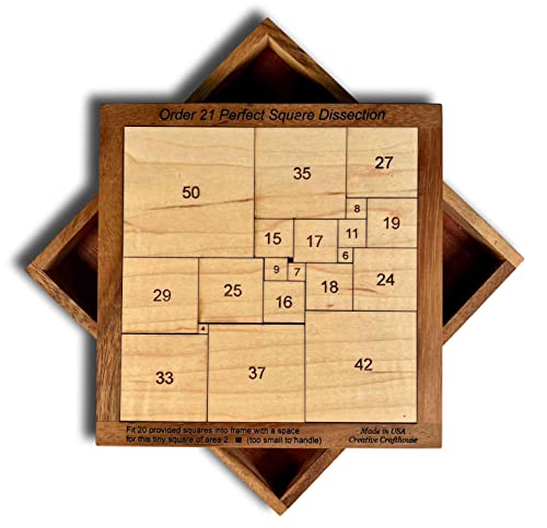 Puzzle Gift Ideas for Adults - Order 21 Perfect Square Dissection - Handmade Wooden Math Brain Teaser Puzzle by Creative Crafthouse