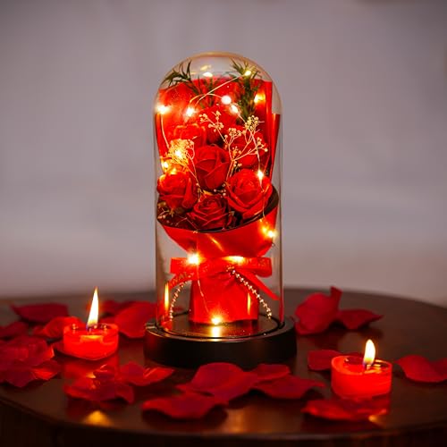 NYRWANA Valentine Gift for Girlfriend, Boyfriend, Husband & Wife | Rose Flower Gift, Light Up Forever Rose in Glass Dome with LED Lights | Eternal Artificial Rose for Home Décor & Couples