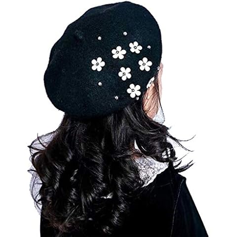 French Cotton Pearl-Beret-Hat for Girls - Warm Cute Berets for Kids 5-12 Years (Black) Cover