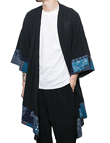 Idopy Men`s Vintage Cotton Linen Cloak Poncho Cape Coat Cardigan Black US S