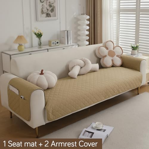 Image of HOKIPO Waterproof + Anti-Slip + Quick Dry Sofa Seat Mat for 1 Seater Sofa with 2 Armrest Covers with Pockets, Beige (AR-5272-80-BGE)