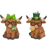 St Patricks Day Highland Cow Figurines Decor, Highland Cow Statue with Leprechaun's Gold Coins an...
