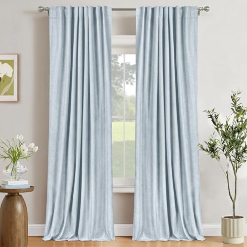 Image of 100% Blackout Shield Chambray Blue Linen Blackout Curtains for Bedroom 84 Inches Long, Back Tab /Rod Pocket Living Room Drapes, Thermal Insulated Blackout Curtains 2 Panels Set, 50 inch W x 84 inch L
