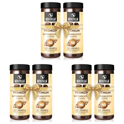 Image of Bevzilla Butterscotch Flavoured Instant Coffee Powder - 400 Gram (200gx2) | Arabica Beans | Perfect for Espresso, Latte & Cappuccino | Enjoy Hot & Cold Brews (Pack of 3)