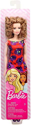 Muñeca Barbie con vestido floral rojo y púrpura miniatura 6