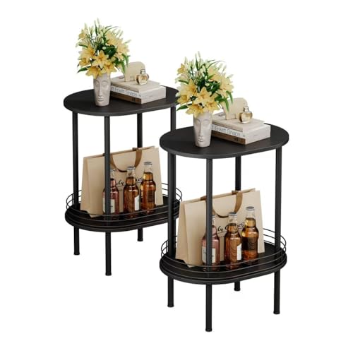 Image of Nightstand Set of 2,Small Modern Round Side Table with Storage,2-Tier End Table for Small Space -Living Room,Bedroom, Nursery (2PC,Black)