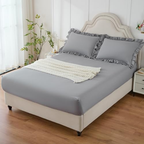 Image of Homiest 3-Pieces Ruffle Pillow Case & Fitted Sheet Set, Grey Queen Sheets with 2 Ruffled Pillow Shams, 15 Inch Deep Pocket, Cute & Coquette Microfiber Bed Set for Decorating Bedroom Hotel