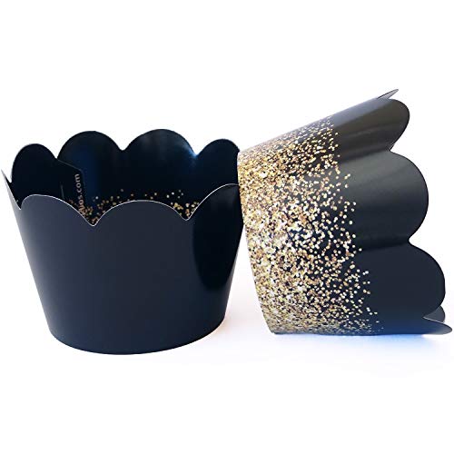 Black Cupcake Wrappers 50 Count - Adjustable Graduation Cupcake Wrappers | Black Cupcake Holders | Black And Gold Cupcake Wrappers | Cupcake Wrappers Black