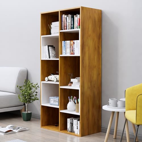 Image of Bniture 10 Tier Engineered Wood Open Book Shelf Wooden Bookshelf for Home, Kids Room & Study Room | Multipurpose Free Stand Corner Book Organizer for Library Room, Office | Giant Wood & Frosty White