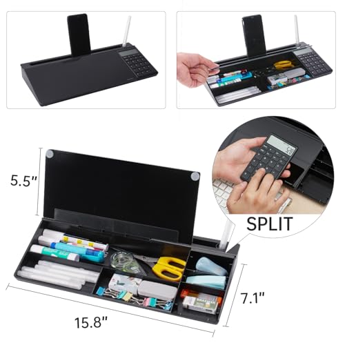 Image of Small Glass Desktop Whiteboard Dry-Erase-Board - Computer Keyboard Stand with Calculator White Board Surface Pad with Drawer, Desk Organizers with Accessories for Office, Home, School Supplies - Black