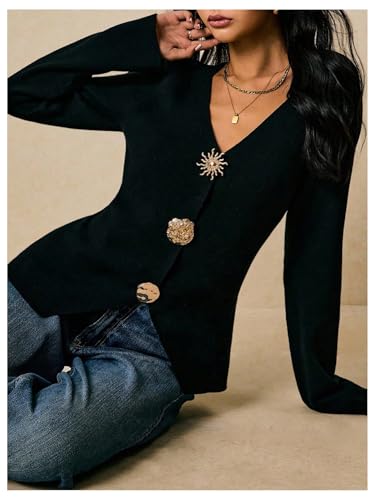 Image of MakeMeChic Women's Metal Button Down Cardigan Old Money Sweater