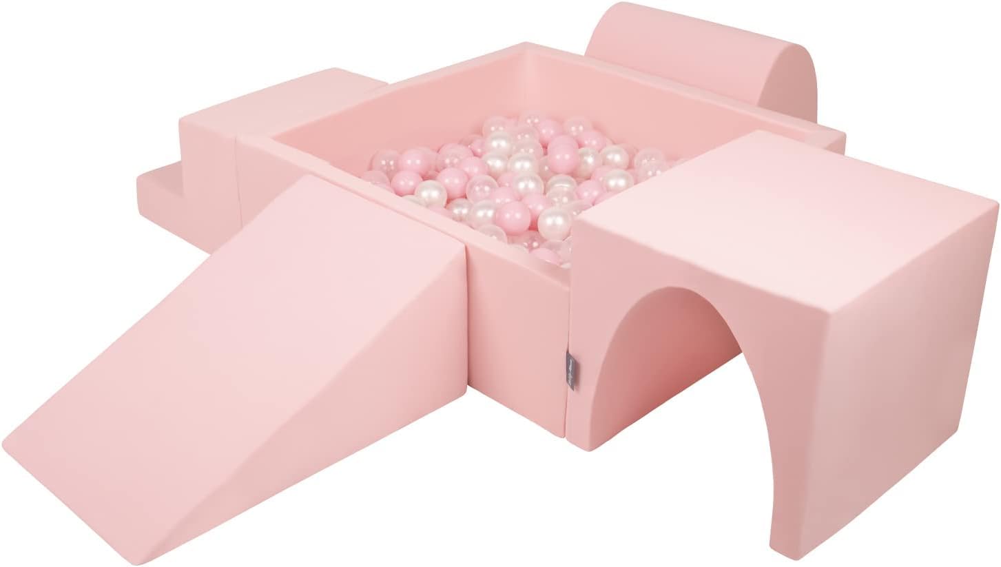 KiddyMoon Area di Gioco in Schiuma con Quadrato Piscina di Palline (200 Palline) per Bambini, Rosa:Rosa Chiaro/Perla/Trasparente
