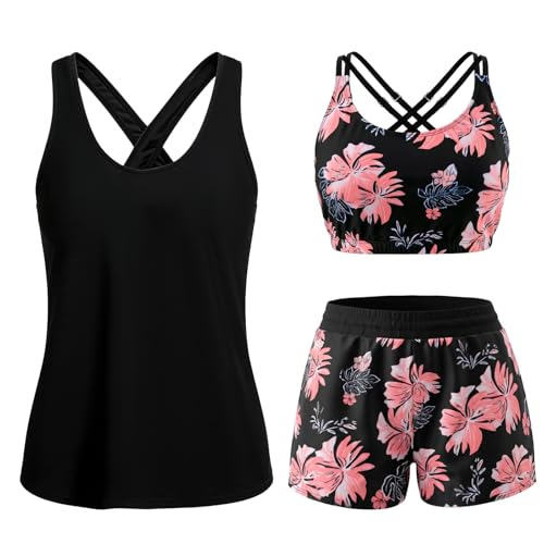 Conjunto de Tankini para Mujer, Conjunto de Traje de baño para Mujer, Conjunto de Tankini Floral, Traje de Playa con Espalda Hueca, Imprescindible de Verano (FR/ES, Letras, M, Regular, Regular)