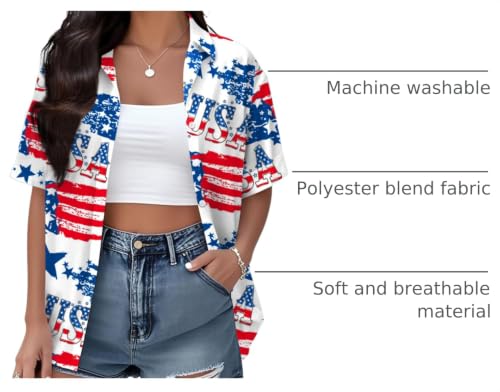 Image of Ithalt 4th of July Hawaiian Shirts Women American Flag Patriotic Short Sleeve Button Down Outfits Summer Vacation Tops