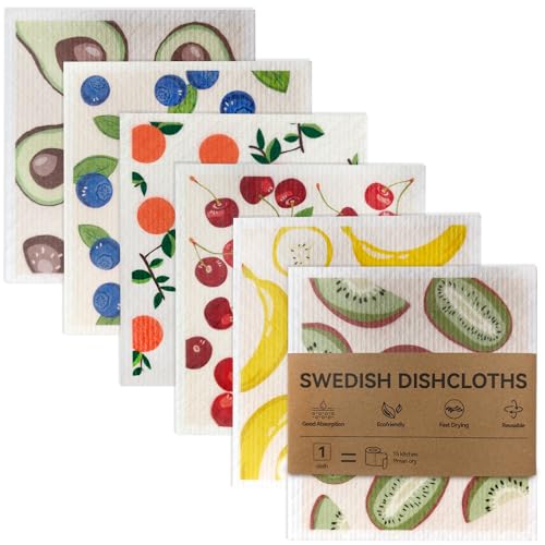 Swedish Dishcloth 6PCS Set Reusable Dish Cloths for Washing Up Super Absorbent Cleaning Cloths Biodegradable Kitchen Use Fruit Pattern Sponge Alternative for Dishes and Surfaces