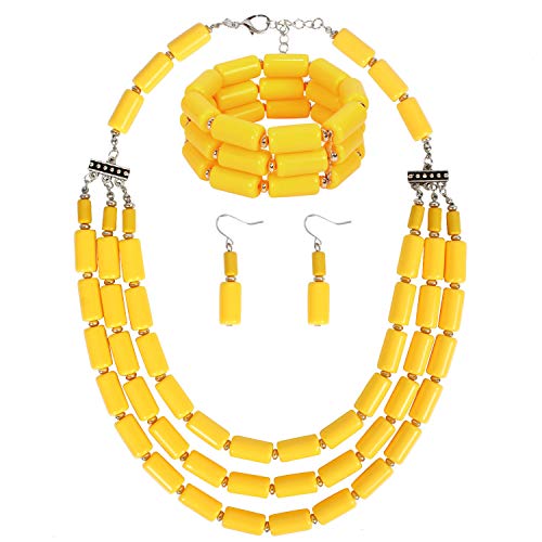 Izpack Jewelry Set for Women Multi Layered Acrylic Beaded Strand Cluster Necklace Dangle Hook Earrings Bracelet Chunky Statement Boho Beads Accessory Jewelry 3Pcs (Yellow)