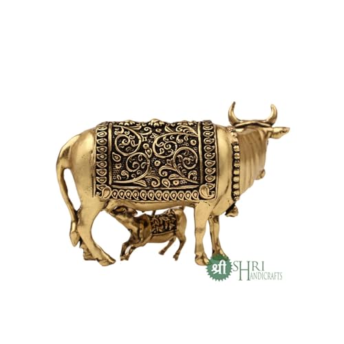 Image of INDICAST Handcrafted Brass Cow with Calf for Good Luck | 2 inch Kamdhenu Gau MATA Idol Spiritual Vastu Nandi Pooja Figurine Sculpture for Home and Office (Weight- 70gm)