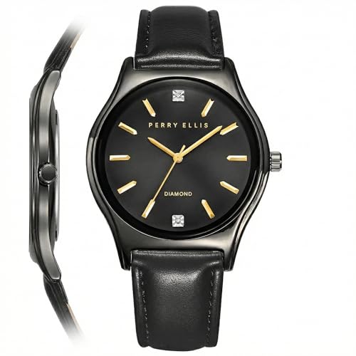 Montre Homme Slim Diamond Perry Ellis | Bracelet Cuir Gunmetal Étanche et Cadran Noir
