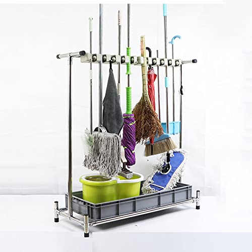 LIPJIA Broom and Mop Holder Movable Broom and Mop Holder Commercial Stainless Steel Mop Rack Cleaning Supplies Organizer Floor-Mounted Mop Drain Rac