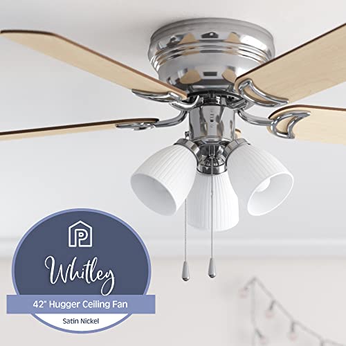 Prominence Home Whitley, 42 Inch Traditional Flush Mount Indoor Led Ceiling Fan With Light, Pull Chain, 5 Dual Finish Blades, Reversible Motor - 50863-01 (Satin Nickel), Bright Brass #TOP1