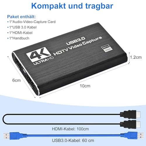 Amtake Karta przechwytywania wideo 4K, USB 3.0, obsługuje wyjście 4K HDMI Loop i nagrywanie strumieniowe wideo 1080p 60 kl./s, kompatybilna z Xbox/PS4/Switch/aparatem/PC/OBS