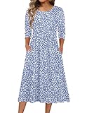 Zeagoo 3/4 Sleeve Dress with Pockets Casual T Shirt Sun Dress for Women 2026 Floral Loose Fit with Pockets Midi Length Aline Flowy Dresses Beach Vacation Clothes