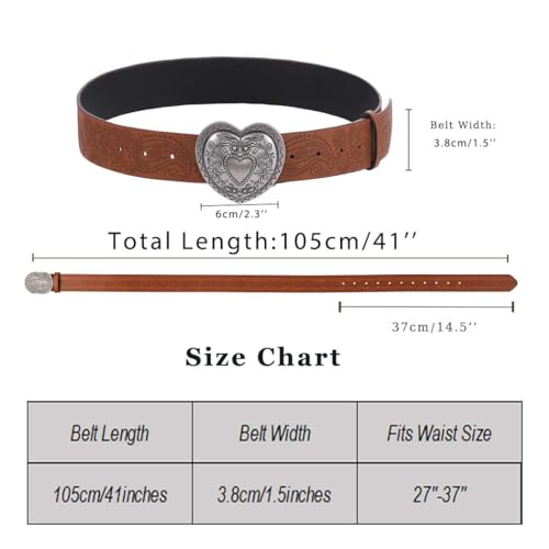 Yalice Heart Western Leather Belt for Women Men Star Buckle Waist Belt for Jeans Pants Ladies Cowgirls Cowboys Belt (Heart, Fit Waist Size: 27''-37'')