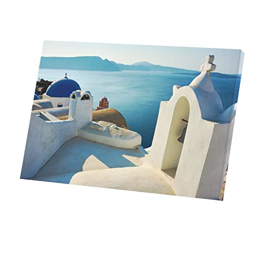 Toile Santorin église et mer pour une décoration salon méditerranéenne