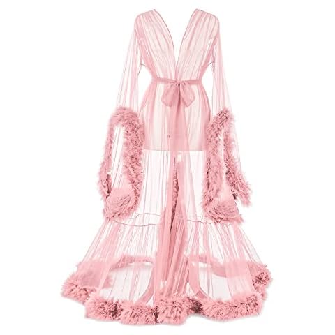 Daily Life Mall Illusion Lingerie for Women Tulle Robe for Maternity Photoshoot Pink Long Feather Bridal Robe Old Hollywood Robe Cover