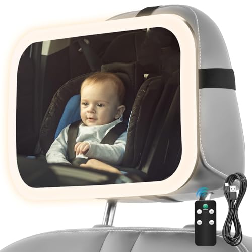 Image of Baby Car Mirror with Light, 3000mAh Rechargeable, Shatterproof, Adjustable Rear-Facing Infant Mirror for Car Seats, Wide View, 360° Rotation, with Remote Control, Safe Travel for Newborns, Toddlers