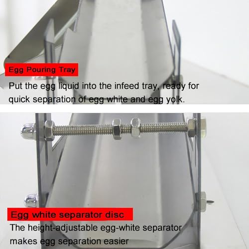 Máquina separadora de yema de huevo, canal ajustable para una separación eficiente, maneja 30 kg/hora con bandeja deflectora, perfecta para panaderías y cocina casera
