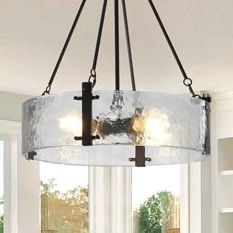 MIAYBPH Black Dining Room Chandelier, 4-Light Modern Farmhouse Chandelier Glass Drum Round Chandelier for Living Room, Bedroom, Kitchen, Hallway (E26 Bulbs Not Included) Cover