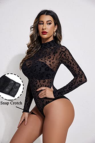 Avidlove Black Lingerie For Women Sheer Mesh Leopard Clubwear Jumpsuit Rompers thumb #1