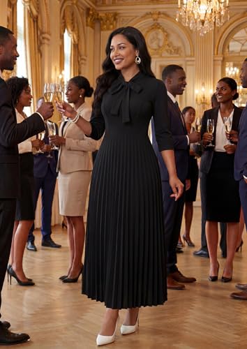 Image of FANDEE Maxi Dress for Women Formal 3 /4 Sleeve Pleated Empire Long Dress Semi Formal Tie Neck Office Work Dresses