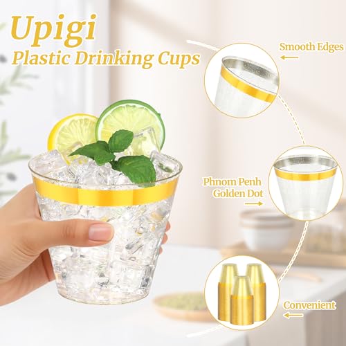 Image of 100 Pcs 9oz Glitter Gold Plastic Cups,9Oz Gold Rimmed Plastic Cups With Glitter Golden,Heavy Duty Clear Disposable Plasitc Cocktail Tumblers Wine Cup for Party,Wedding,Birthday,Holiday