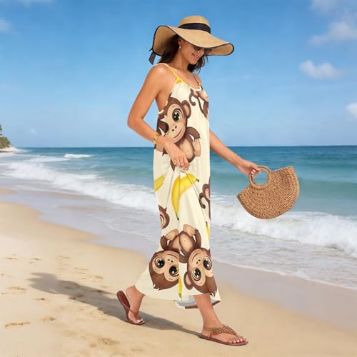Robe longue dos nu à imprimé singe jaune pour un style estival unique