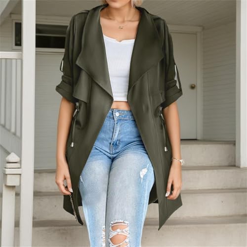Women's Draped Open Front Jacket Rolled-up Sleeve Drawstring Waist Lightweight Trench Coat Lapel Blazer Outwear2