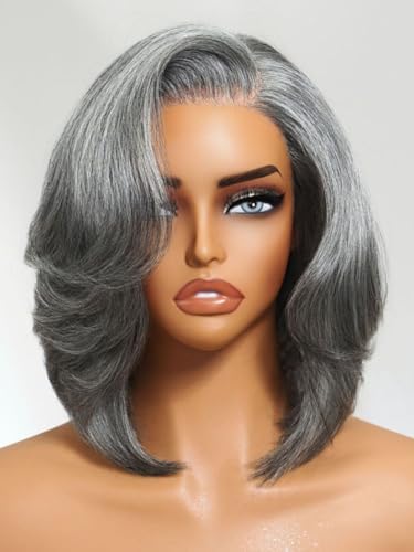 Beauty Forever Salt and Pepper Layered Bob Wig Human Hair 6.5x5x1.5 Side Part Minimalist Lace Glueless Grey Wig with Face-Framing Layers Shoulder Length Outward Flip Ends Pre Cut Wear Go Wig 8 Inch