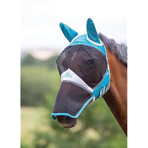 Shires Horse Fine Mesh Fly Mask with Ears and Nose (Teal, Full) Cover