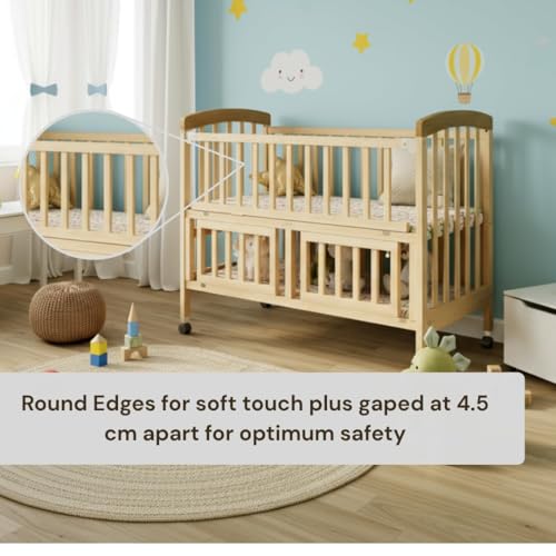 Image of FURNIFEST Wooden Baby Cot for 0 to 6 Years with Mattress and Diaper Chaging Station, Convertible Cradle Rocker with Wheels & Mosquito Net - Multifunctional Cot, Converts into Study Desk