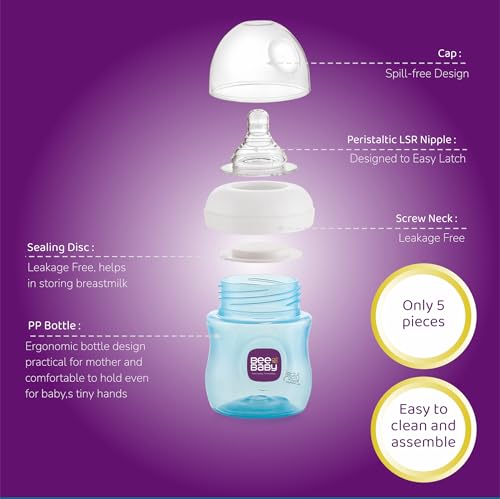 Image of BeeBaby Ease Wide Neck Colour Feeding Bottle 150 ml | BPA Free Easy Latching Baby Milk Bottle for Newborns & Infants | Soft Silicone Anti-Colic Nipple Medium Flow (4 Months +) |Blue, Pack of 2