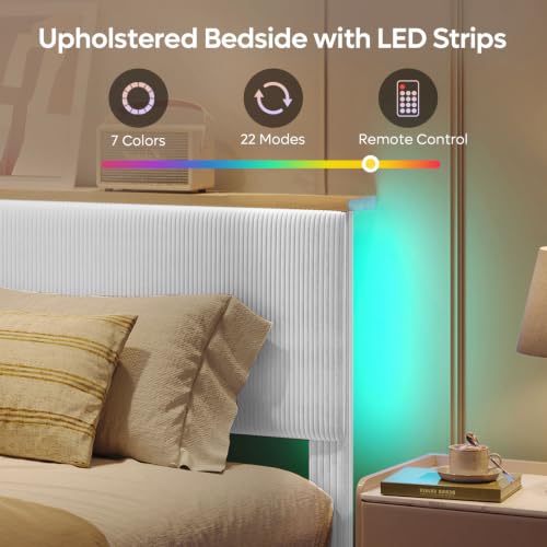 Image of Bestier Queen Size Bed Frame with Adjustable Headboard & LED, Light Grey