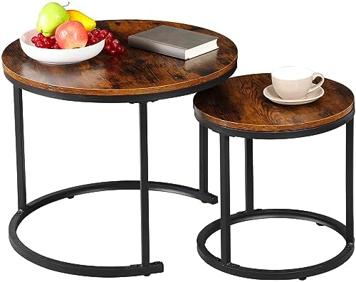 A set of nested coffee tables, 27.6-inch round coffee table, industrial wood veneer, with sturdy metal frame (brown)