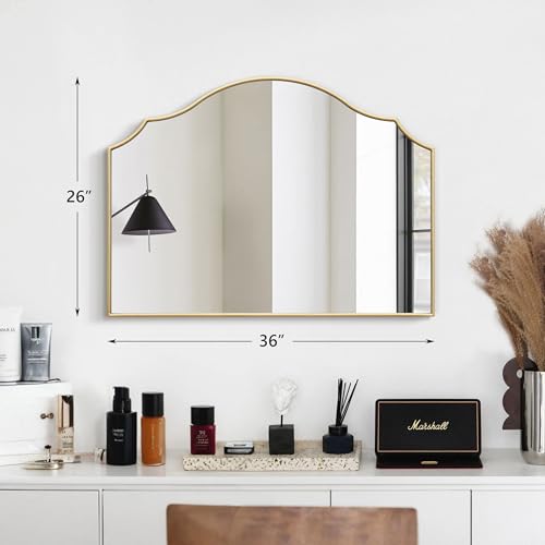 Gold Scalloped Arched Mirror: 36"x26" Large Modern Mantle Mirror - Minimalist Dresser Wall Mirrors for Vanity/Bedroom/Fireplace/Living Room/Entryway/Home Decor - Image 3