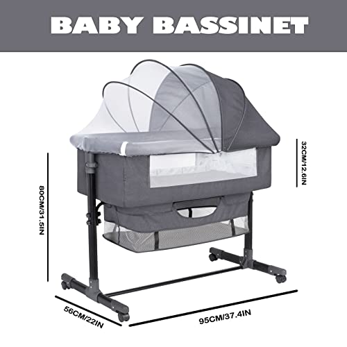 Ricuton Baby Bassinet Bedside Sleeper, 3 In 1 Bedside Bassinet For Baby With Mosquito Nets And Wheels, Large Storage Bag, Heigt Adjustable, Easy Assemble #TOP5