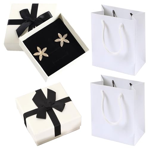 2 Stück Klein Geschenkbox mit Schleife, 7,5x7,5x3,5cm Geschenkkarton, Geschenkbox mit Deckel, mit 2 Geschenktüte für Ostern, Weihnachten, Hochzeit, Geburtstag (Weiß)