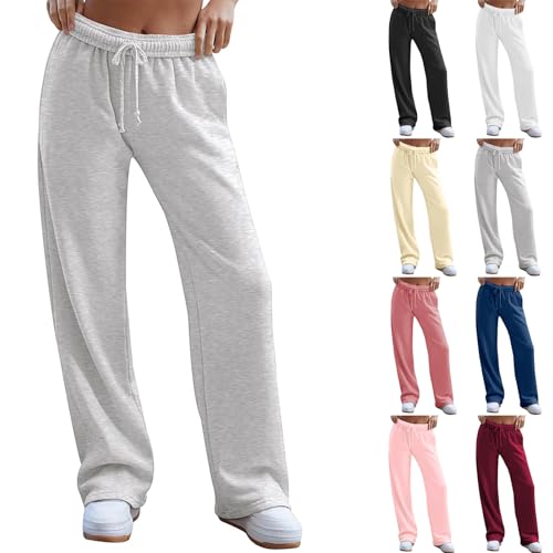 Women's Wide Leg Sweatpants Trendy Interior Drawstring Baggy Sweatpants Straight Leg Sweatpants with Pockets Y2K Plus Size Flare Sweatpants High Waisted Casual Joggers Cotton Sweatpants Women A-Navy