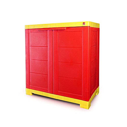 Image of Cello Novelty Compact Plastic Cabinet with Dustproof Doors| 3 Year Warranty | Almirah, Cupboard, Wardrobe for Home, Living Room, Bedroom, Kitchen, Office, Outdoor| Red & Yellow Colour
