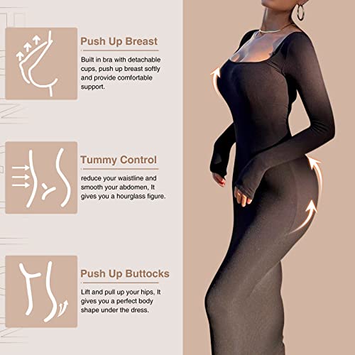 Popilush Maxi Bodycon Dress Built In Bra Bodysuit For Women Long Sleeve Square Neck 8 In 1 Black Spaghetti Strap Dresses With Shapewear #TOP3