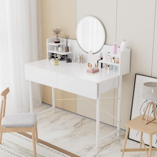 طاولة زينة للمكياج مع مرآة دائرية بدرجين كبيرين ومتعددة الوظائف ممزودة بمساحة تخزين كبيرة لغرفة النوم من زيريفام (مقاس 40 × 80 سم)